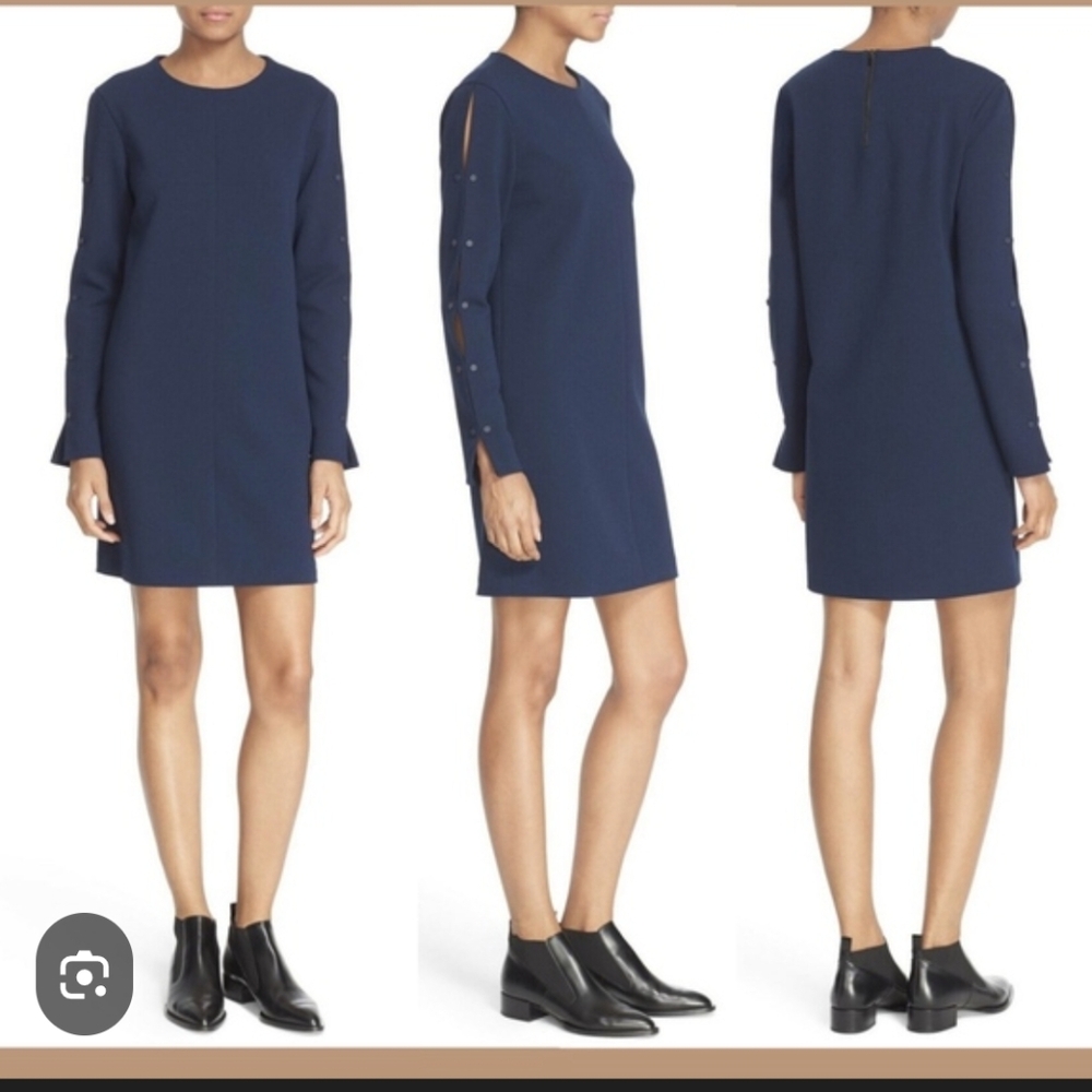 Tibi button sleeve structured crepe shift dress in midnight navy blue